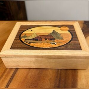 Wooden Art Keepsake Box for jewelry inlaid barn design artist signed NEW